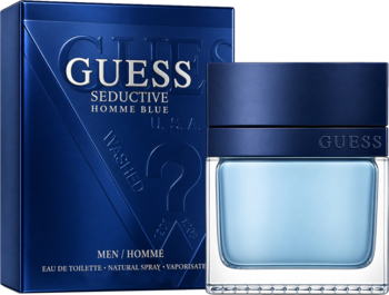 Guess Seductive Homme Blue, męska woda toaletowa, ciemnoniebieskie pudełko i błękitny flakon, widok z przodu.