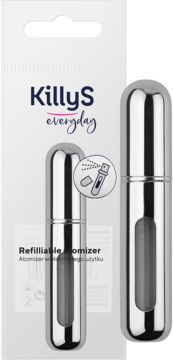 Srebrny, metalowy atomizer KillyS Beauty Look wielokrotnego użytku z opakowaniem, widok z przodu.