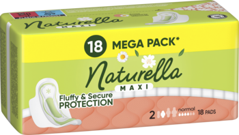 Zielono-żółte opakowanie podpasek Naturella Maxi 18 sztuk, Mega Pack, z grafiką kwiatów, widok z przodu.