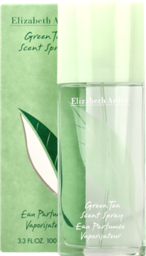 Elizabeth Arden Green Tea Scent Spray, przezroczysta butelka z zielonym liściem, obok zielone pudełko.