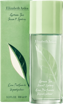 Elizabeth Arden Green Tea Scent Spray, woda perfumowana w zielonym pudełku z liściem i butelce, ujęcie frontalne.