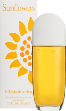 Elizabeth Arden Sunflowers, żółta woda toaletowa, widok butelki obok białego pudełka z dużą grafiką słonecznika.