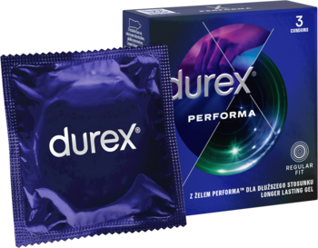 Fioletowa prezerwatywa Durex Performa i pudełko 3 sztuk z żelem wydłużającym stosunek, widok z przodu.