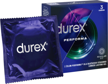 Fioletowa prezerwatywa Durex Performa i pudełko 3 sztuk z żelem wydłużającym stosunek, widok z przodu.