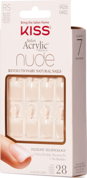 Krótkie sztuczne paznokcie Kiss Salon Acrylic French Nude w opakowaniu, z 28 tipsami i palcem.