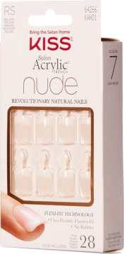 Krótkie sztuczne paznokcie Kiss Salon Acrylic French Nude w opakowaniu, z 28 tipsami i palcem.