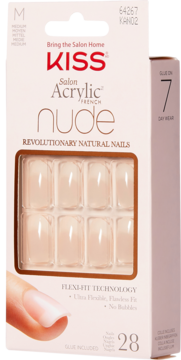 KISS Salon Acrylic French Nude, 28 średnich, prostokątnych paznokci, Flexi-Fit, widok z przodu opakowania.