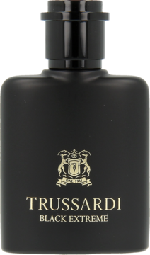 Flakon Trussardi Black Extreme, czarny matowy, z złotymi napisami, widok z przodu. To perfumy o skórzanym zapachu.