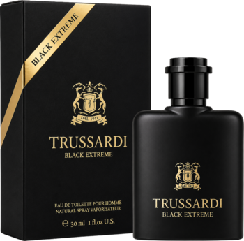 Trussardi Black Extreme męska woda toaletowa w czarnym matowym flakonie ze złotym logo, widok z przodu obok pudełka.