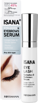 ISANA serum do rzęs i brwi w białym opakowaniu i srebrnej butelce, widok z przodu. Obietnice: dłuższe, grubsze rzęsy.