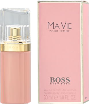Boss Ma Vie Pour Femme 30ml, perfumy w różowej butelce ze złotym atomizerem i kartoniku obok, widok z przodu.