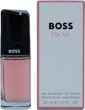 Hugo Boss Ma Vie EDP dla kobiet: różowa butelka z czarną nakrętką i różowo-białe pudełko, widok z przodu.