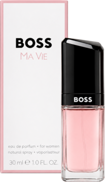 Hugo Boss Ma Vie woda perfumowana 30ml, różowa butelka z czarną nakrętką, białe pudełko z różowym pasem.