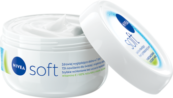 NIVEA Soft intensywnie nawilżający krem do ciała i rąk 300 ml w otwartym białym słoiczku z pokrywką.