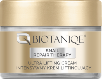 Biotaniqe Snail Repair Therapy Ultra Lifting Cream w złotym słoiku, widok z przodu. Krem intensywnie liftingujący.