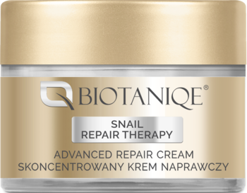 Biotaniqe Snail Repair Therapy, regenerujący krem ze śluzem ślimaka, w złotym słoiczku, widok z przodu.
