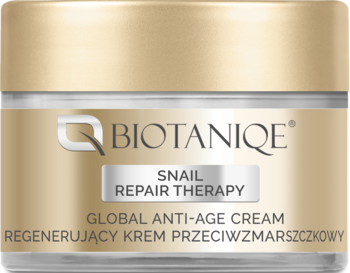 Biotaniqe Snail Repair Therapy, złoty słoiczek kremu przeciwzmarszczkowego z napisem Snail Repair Therapy, widok z przodu.