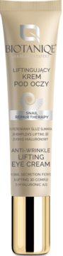 Liftingujący krem pod oczy Biotaniqe Snail Repair Therapy w beżowej tubce z połyskującą złotą nakrętką, widok frontalny.
