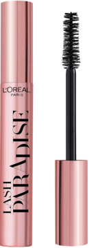L'Oréal Lash Paradise mascara w różowo-złotej tubce, z boku widoczny czarny aplikator ze szczoteczką. Metaliczne wykończenie.