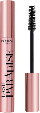 L'Oréal Lash Paradise mascara w różowo-złotej tubce, z boku widoczny czarny aplikator ze szczoteczką. Metaliczne wykończenie.