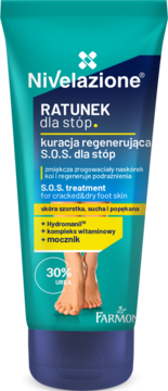 Nivelazione RATUNEK SOS regenerujący krem do stóp z 30% mocznikiem w turkusowej tubie, widok z przodu.