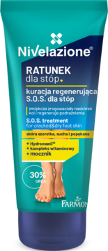 Nivelazione RATUNEK SOS regenerujący krem do stóp z 30% mocznikiem w turkusowej tubie, widok z przodu.