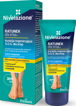 Nivelazione Ratunek dla Stóp, kuracja regenerująca z 30% mocznikiem. Turkusowa tubka i pudełko, widok z przodu pod kątem.