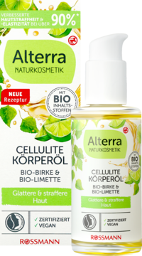Alterra Cellulite Körperöl Bio-Birke & Bio-Limette, biało-zielone pudełko z butelką z pompką. Dla gładszej skóry.