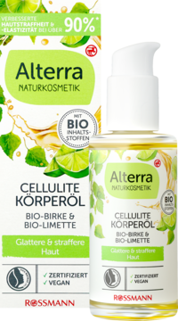 Alterra Cellulite Körperöl Bio-Brzoza i Bio-Limonka. Złota butelka z pompką i pasujące zielone pudełko.