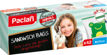 Opakowanie woreczków Paclan z motywem zwierząt do nauki angielskiego, uśmiechnięta dziewczynka z królikiem, 42 szt.