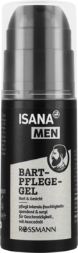 Isana Men Bart-Pflege-Gel do brody i twarzy, czarna butelka z pompką, z ikoną brodatego mężczyzny, przód.