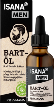 ISANA MEN BART-ÖL: ciemna butelka z zakraplaczem i beżowo-czarne pudełko z grafiką brodatego mężczyzny.