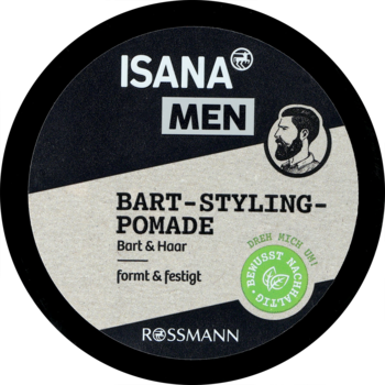 Okrągła, czarno-beżowa pomada ISANA MEN do brody 100 ml z zielonym logo recyklingu i brodatym mężczyzną, widok z góry.