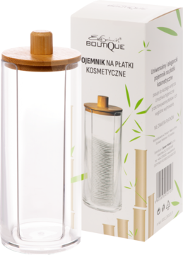 Przezroczysty pojemnik na płatki kosmetyczne z bambusową pokrywką, obok białe opakowanie z zielonym motywem bambusa.