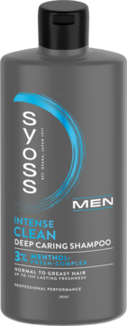 Ciemna butelka szamponu Syoss Men Intense Clean z 3% Menthol-Fresh Complex, dla włosów normalnych i przetłuszczających się.