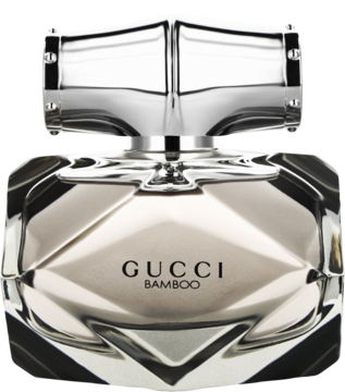 Gucci Bamboo woda perfumowana. Elegancki, srebrny, fasetowany flakon z metalową nakrętką i napisem, widok frontalny.