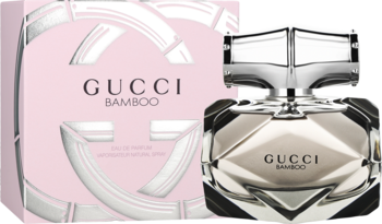 Gucci Bamboo woda perfumowana, elegancka butelka z srebrnym korkiem i różowe pudełko z bambusowym logo.