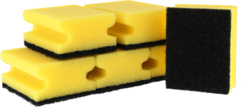 Zestaw żółto-czarnych gąbek do czyszczenia uporczywych zabrudzeń, ułożone w stos, jedna z czarną szorstką stroną widoczna.