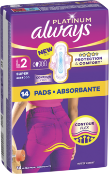 Opakowanie podpasek Always Platinum Super rozmiar 2, 14 sztuk, fioletowo-złote, Contour Flex, widok z przodu.