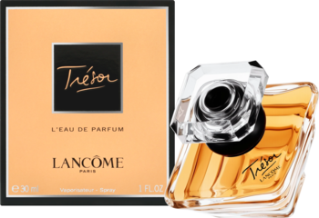 Lancôme Trésor L'Eau de Parfum. Złoty, fasetowany flakon w kształcie piramidy i pomarańczowe pudełko z logo.