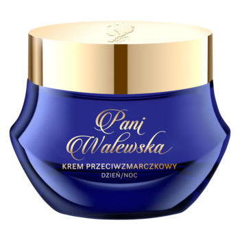 Pani Walewska Krem Przeciwzmarszczkowy w eleganckim, fioletowym słoiczku ze złotą nakrętką, widok z przodu.