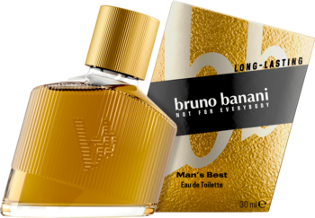 Złota woda toaletowa Bruno Banani Man’s Best 30ml, butelka z grawerem i kartonik, widok z przodu.