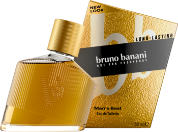 Bruno Banani Man's Best woda toaletowa 50 ml, złoty, pochylony flakon z żeberkami i pudełko.