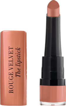 Matowa pomadka Bourjois Rouge Velvet, odcień Hey Nude. Otwarta szminka z widoczną nasadką obok.