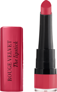 Różowa matowa pomadka Bourjois Rouge Velvet The Lipstick, otwarta obok leżącej skuwki.