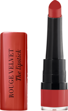 Bourjois Rouge Velvet The Lipstick, matowa pomadka ceglasta czerwień, otwarta obok skuwki z napisem.