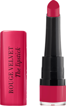Fuksjowa matowa pomadka Bourjois Rouge Velvet otwarta, z wysuniętym sztyftem i różową zakrętką obok.