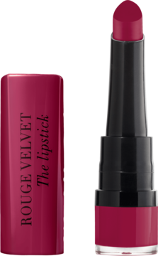 Matowa szminka Bourjois Rouge Velvet The Lipstick w kolorze burgunda, otwarta z zakrętką.