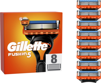 Zestaw ostrzy Gillette Fusion5 do maszynki, pomarańczowe opakowanie z 8 wkładami, widok frontalny.