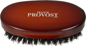Ciemnobrązowa owalna szczotka do brody Franck Provost z widocznym logo i gęstym, czarnym włosiem, zbliżenie.